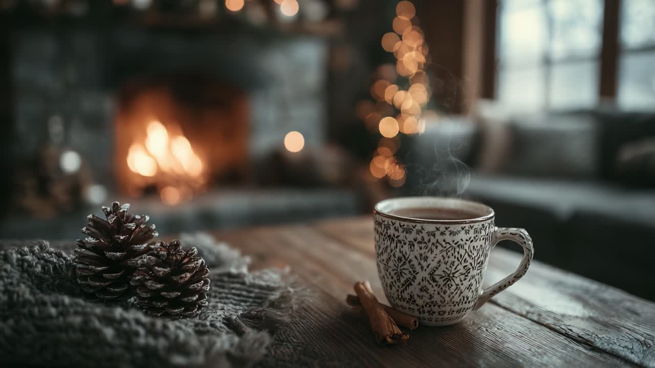 Cozy Winter Afternoon: A Warm Cup of Tea or Coffee in a Rustic Living Room with a Crackling Fireplace and Festive Decor for a Serene Atmosphere
