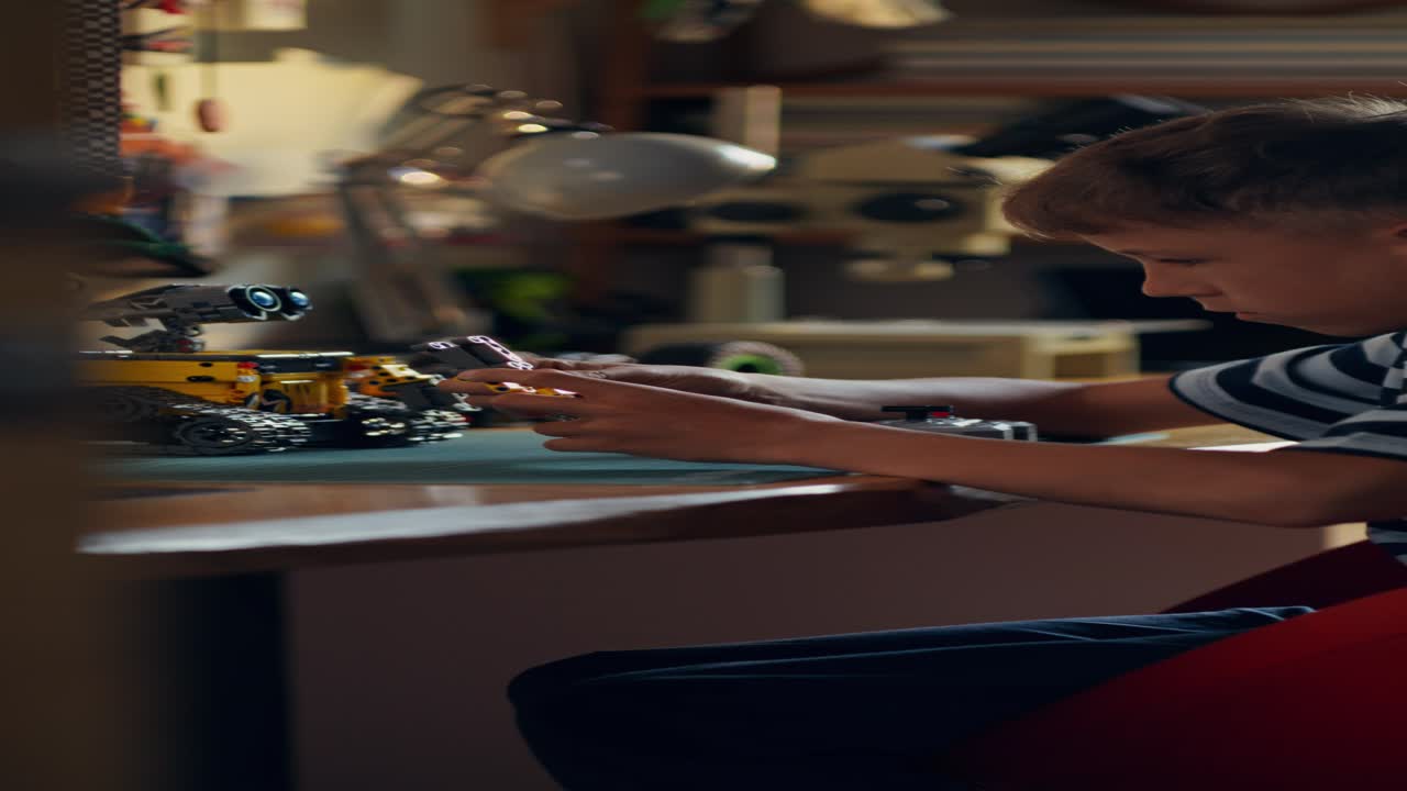 Boy Building a Toy Robot at a Desk