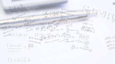 animation of mathematical equations over calculator on book and pen in background