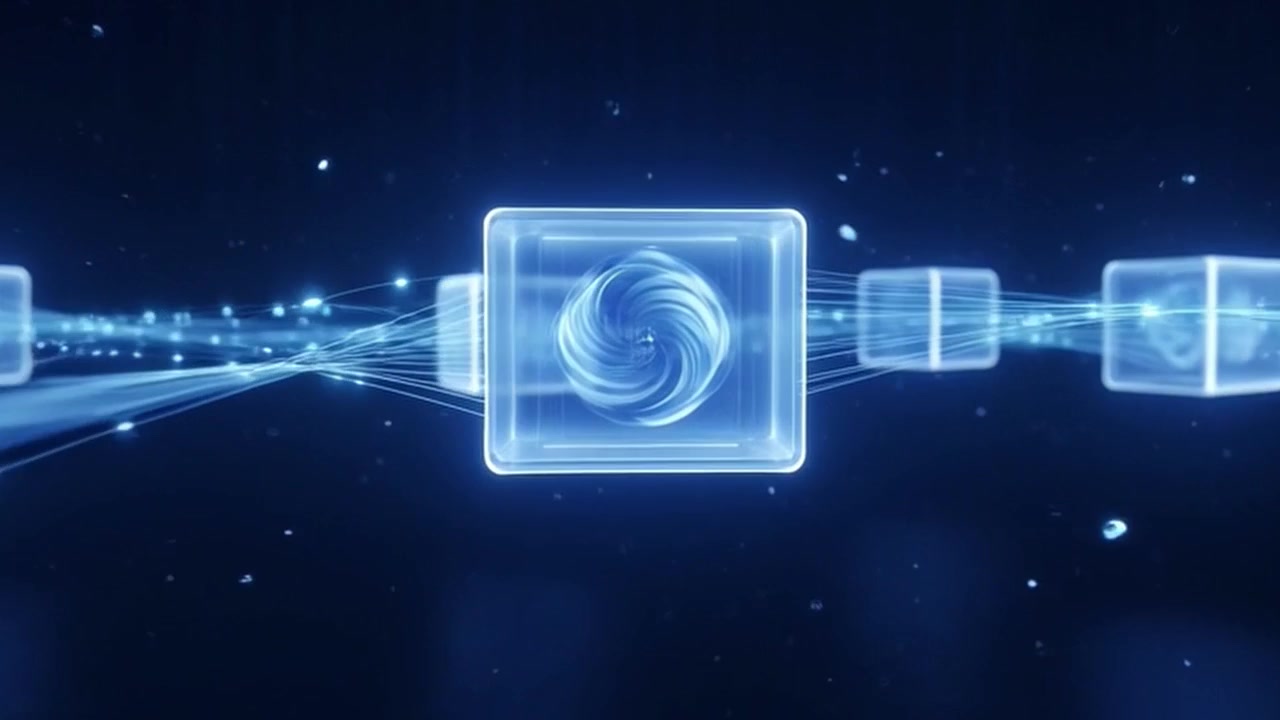 Abstract Digital Data Cubes Connected by Glowing Light Streams
