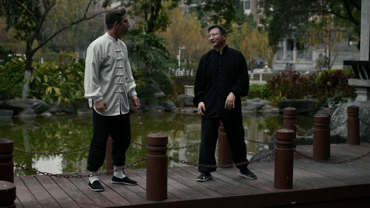 Martial Arts Training Session Between a Master and Student in a Park