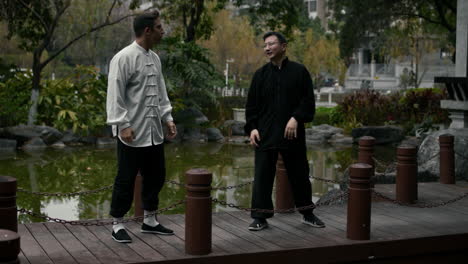 martial arts training session between a master and student in a park