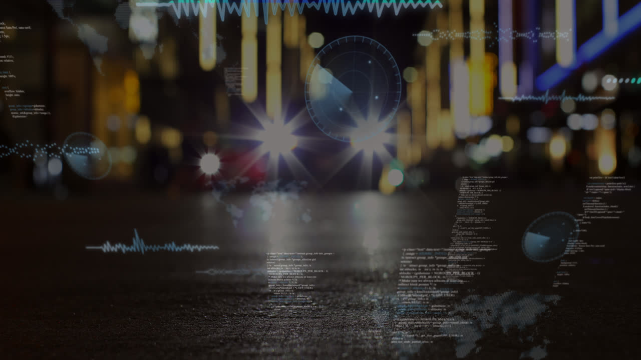 Animazione di scanner rotondi ed elaborazione dati sullo sfondo del traffico cittadino notturno
