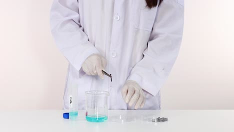 demostrando la reacción química entre el sulfato de cobre y el hierro