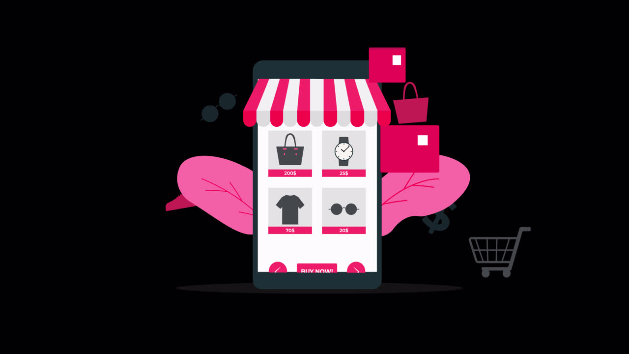 Smartphone animato che mostra prodotti di e-commerce e carrello acquisti