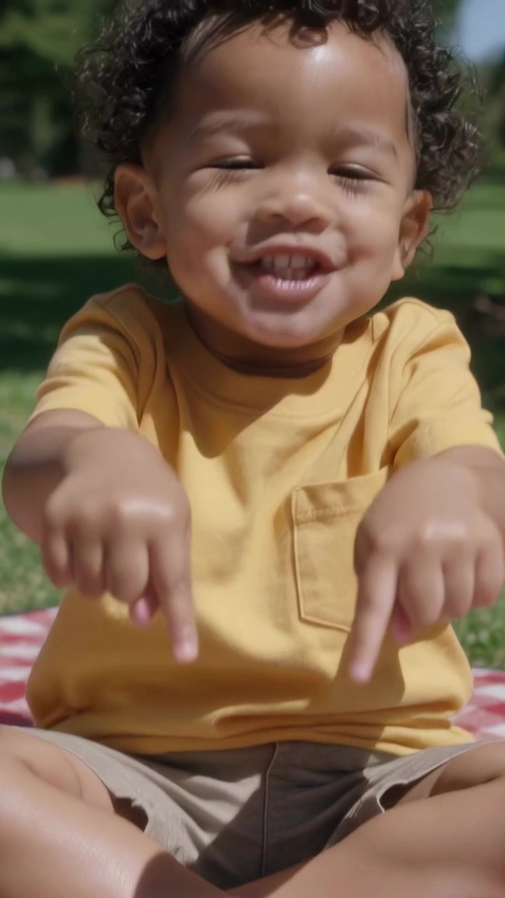 Vídeo vertical: Criança sorridente com camiseta amarela batendo palmas, apontando para a tigela querendo batatas fritas em um tapete no parque.