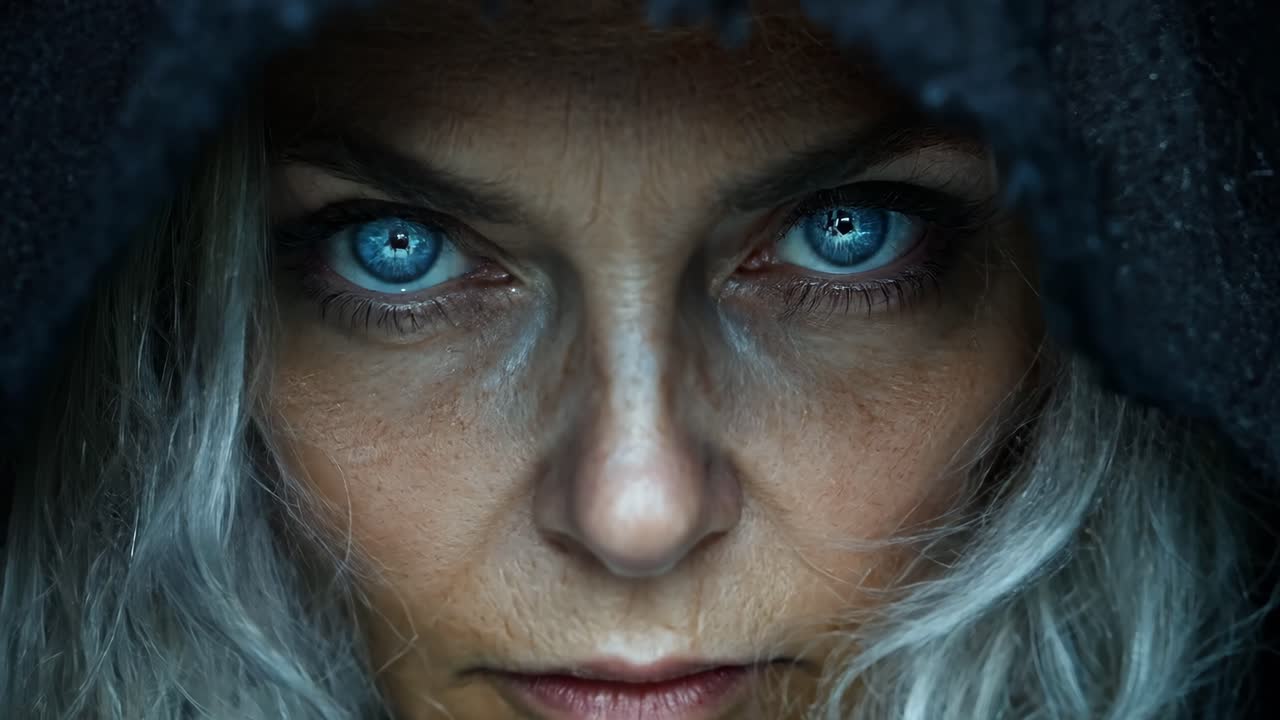 A woman with blue eyes and gray hair is staring at the camera. She is wearing a hooded sweatshirt and she is in a dark, eerie setting