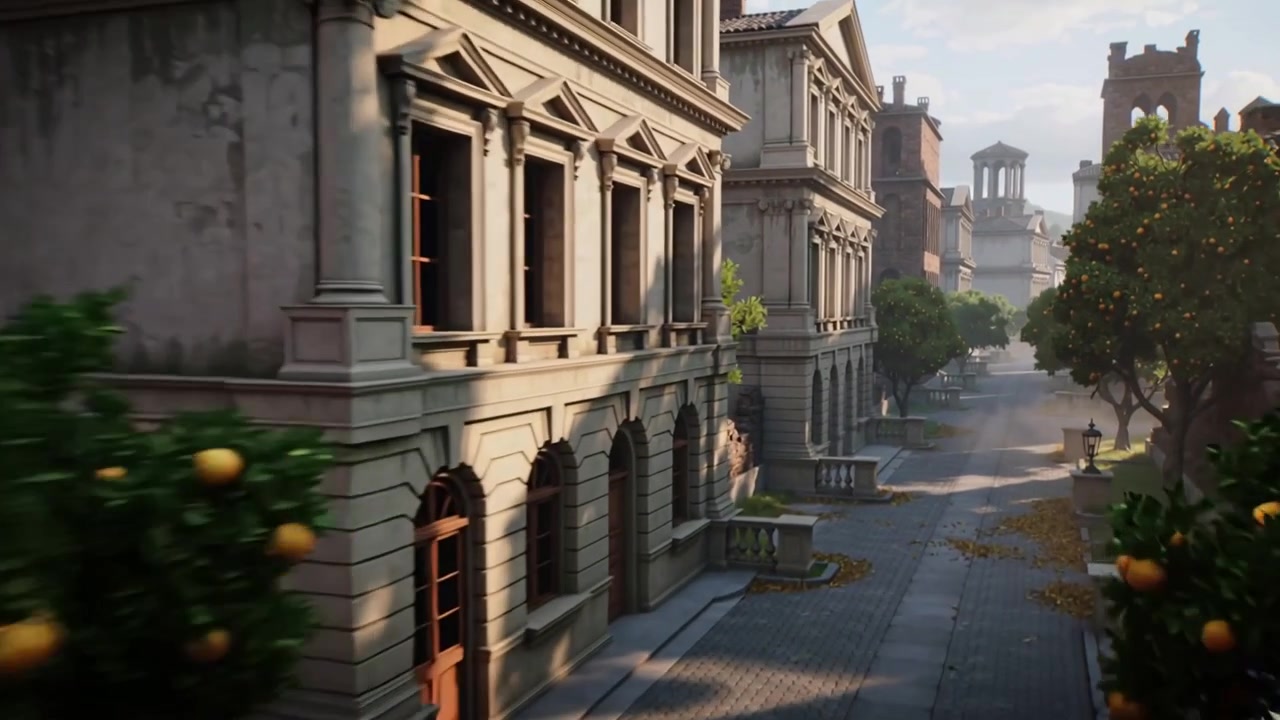 Cámara de seguimiento avanzando por una calle clásica vacía bajo el sol, revelando naranjos