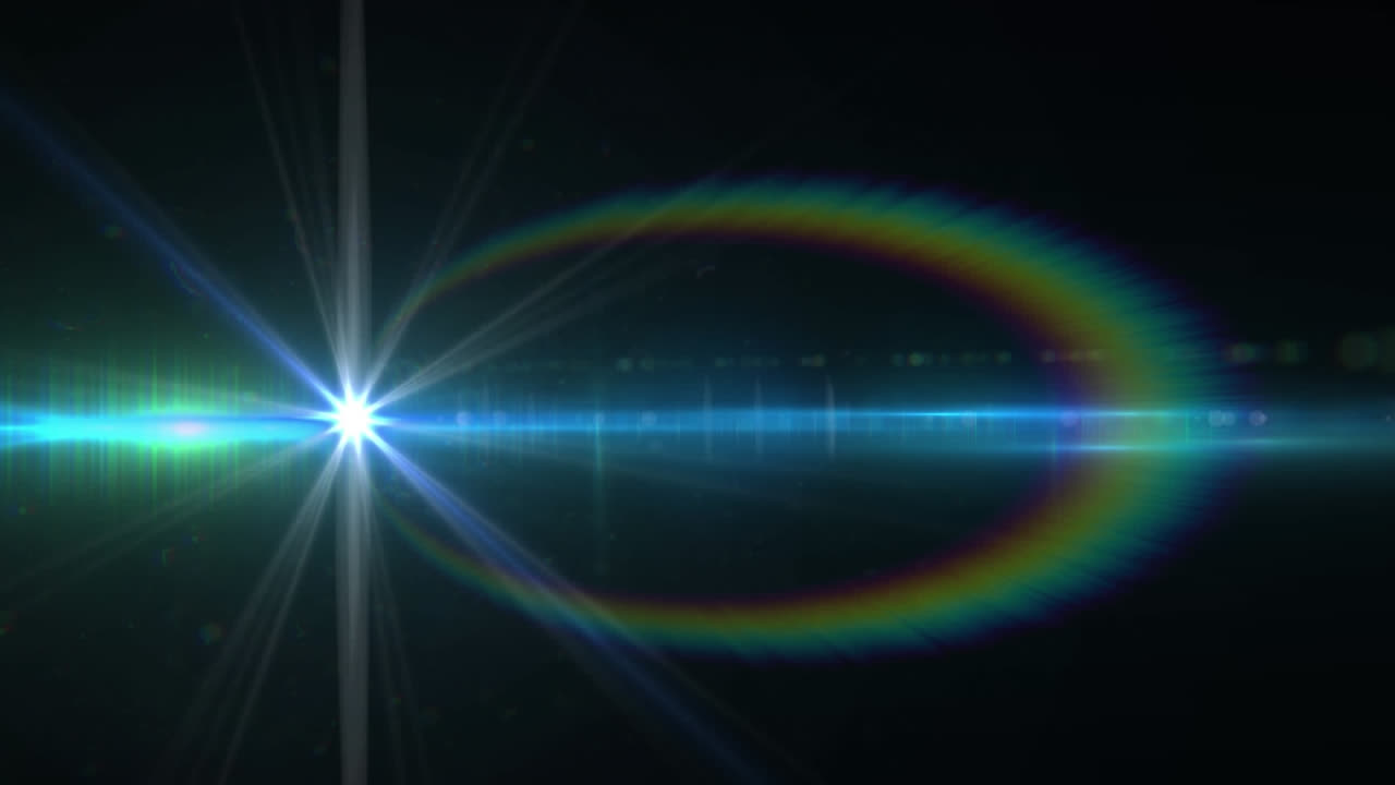 검은 바탕에 움직이는 빛과 렌즈 플레어 무지개 애니메이션