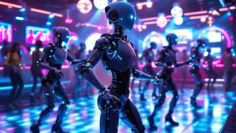 robotic dancers performing synchronized movements under vibrant neon lighting, representing future nightlife and artificial intelligence interaction