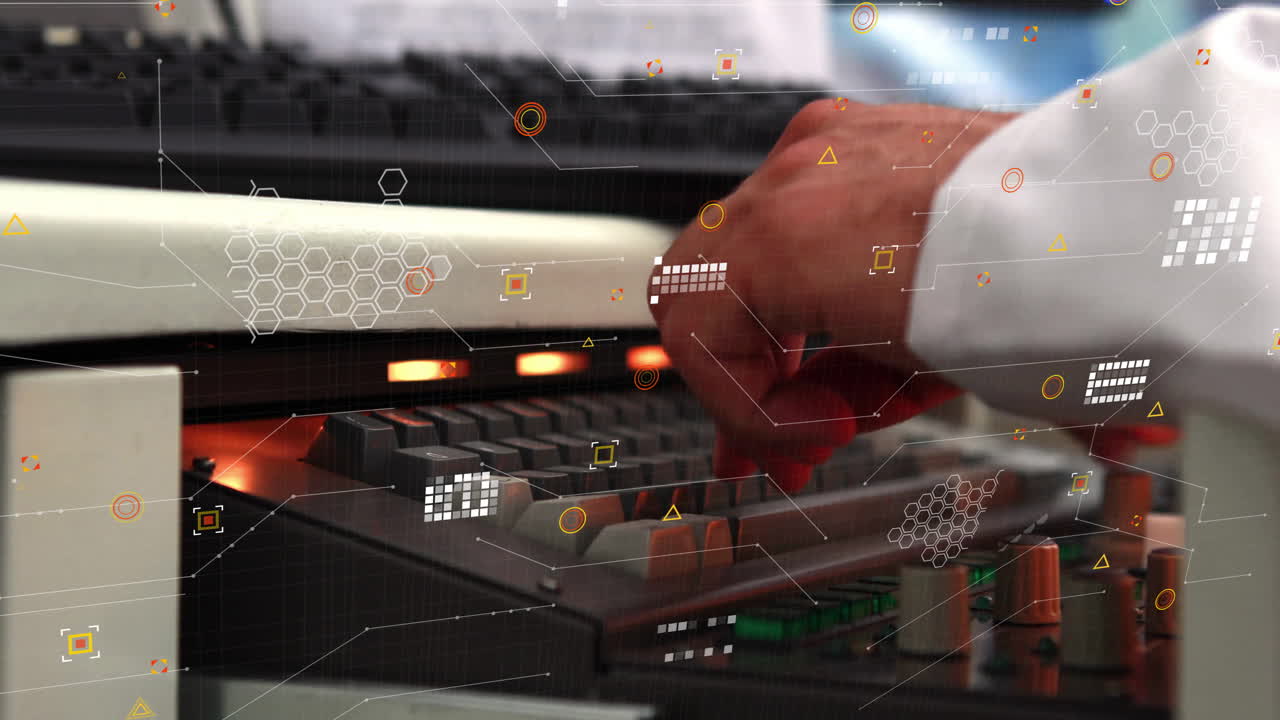 Animation of financial data processing over caucasian businessman using computer in office