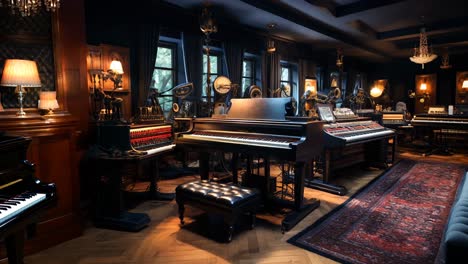 cozy music studio with vintage pianos and instruments in dim lighting