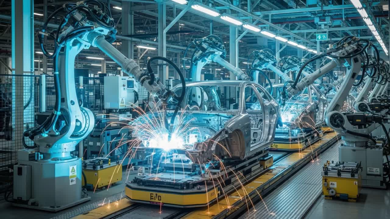 Advanced Robotics in Automotive Manufacturing: Witness the Precision and Efficiency of Automated Welding Processes in a Modern Vehicle Assembly Line