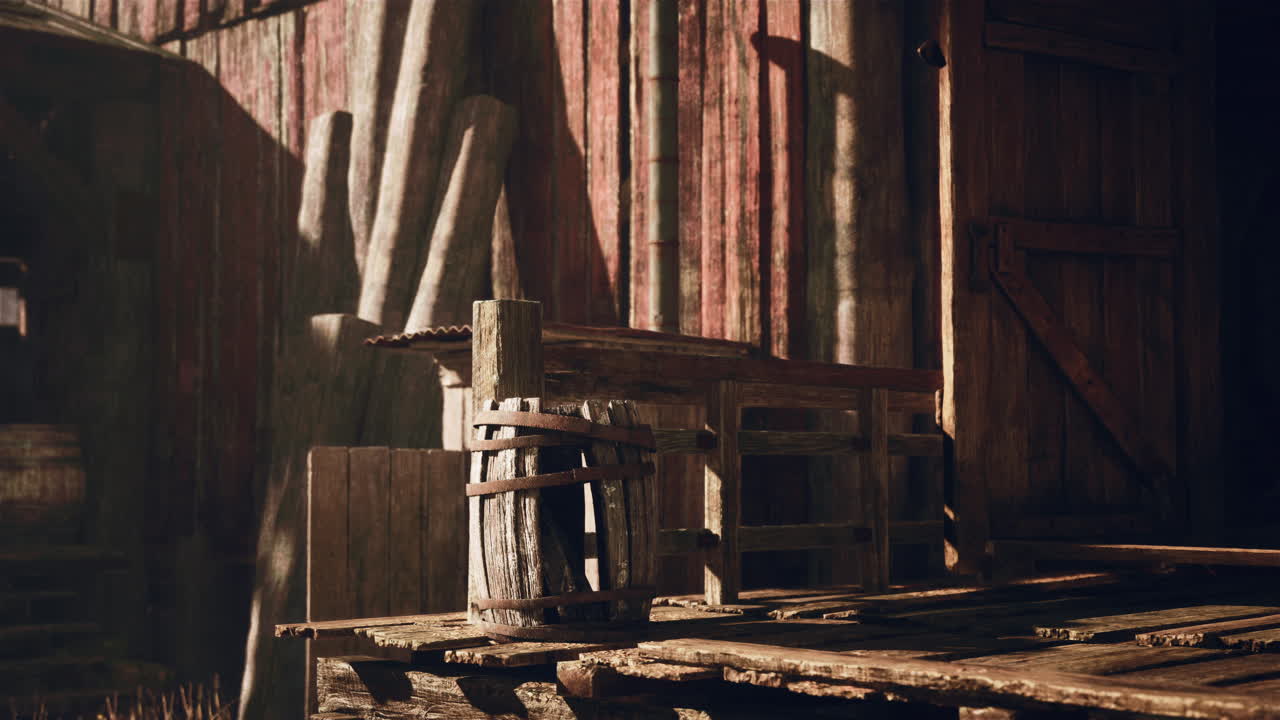 목조 배럴 을 가진 시골 의 창고