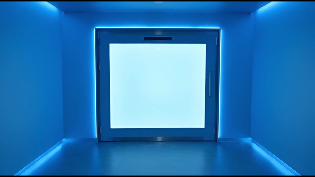 Corridoio futuristico con porta luminosa e luci LED blu