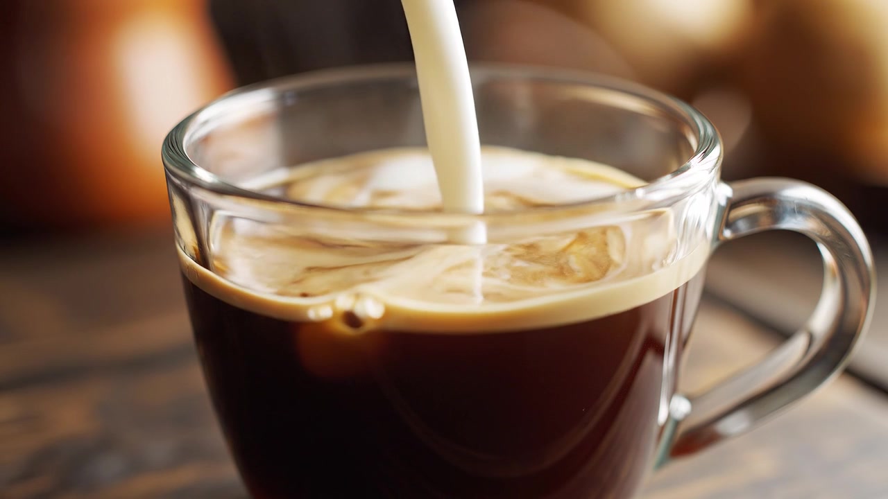 Leche vertiéndose en una taza de cristal de café negro