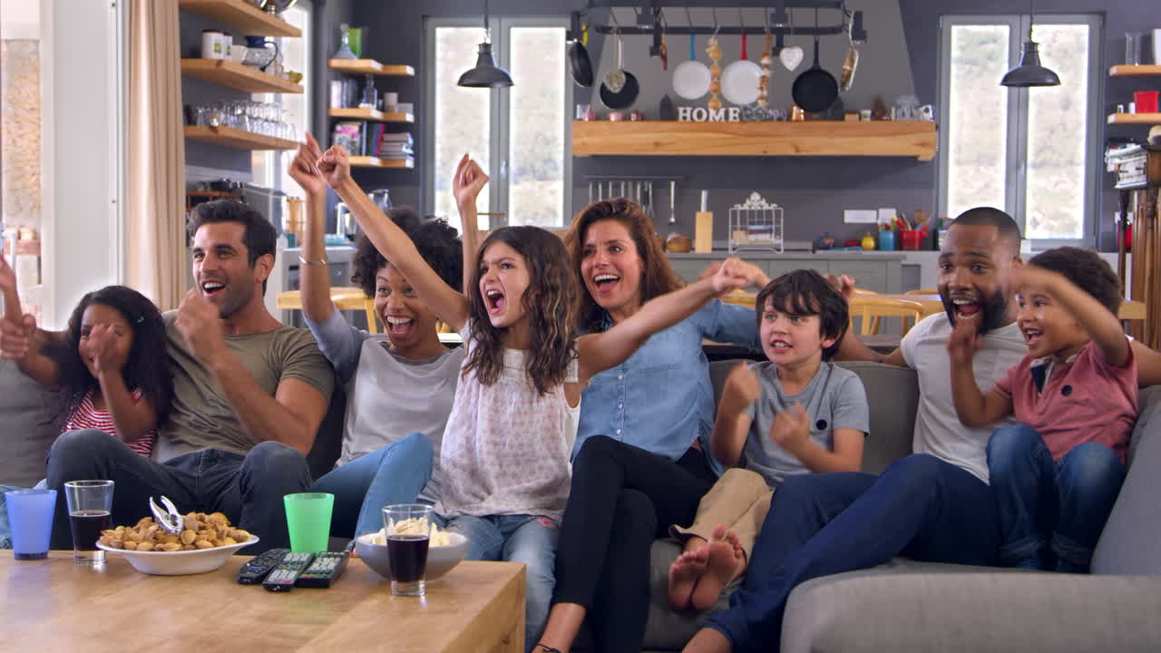 두 가족이 텔레비전에서 스포츠를 보고 환호하고 있습니다.