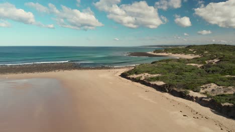 AERIAL-TRUCK-LEFT-Beach-Vegetation-Foredunes-And-Ocean-Waters