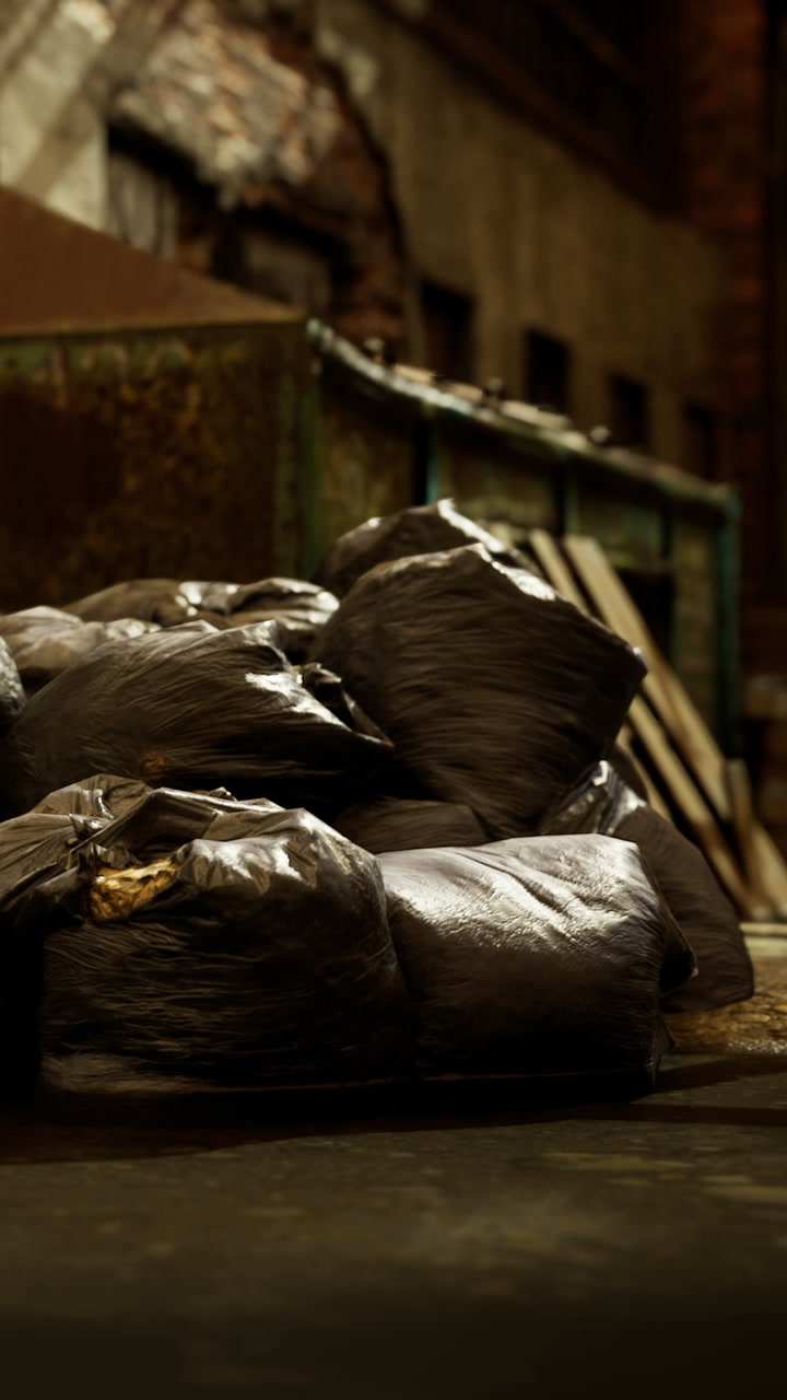 Artful arrangement of discarded waste in an urban setting during twilight