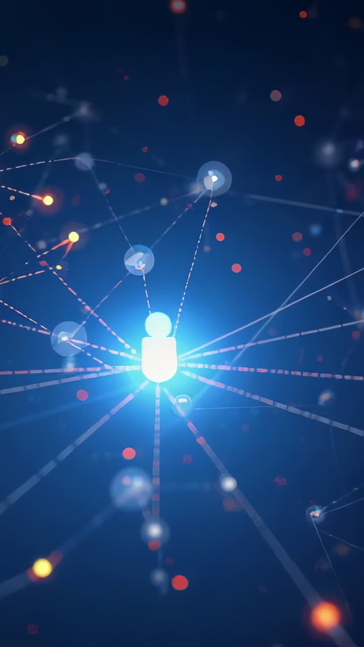 Video vertical: Icono de usuario brillante pulsante al inicio, enviando haces radiales a través de una red que conecta nodos.
