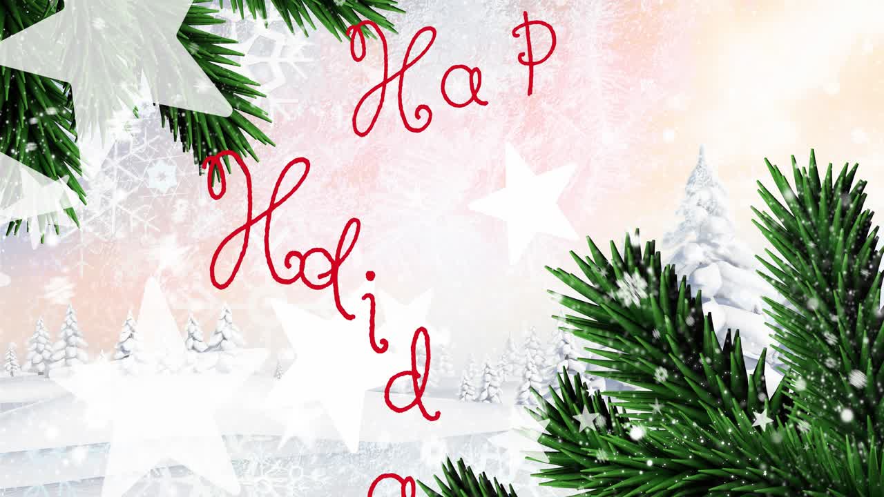 Animasjon av stjerneikoner som faller over et 'god jul'-tekstbanner mot et vinterlandskap