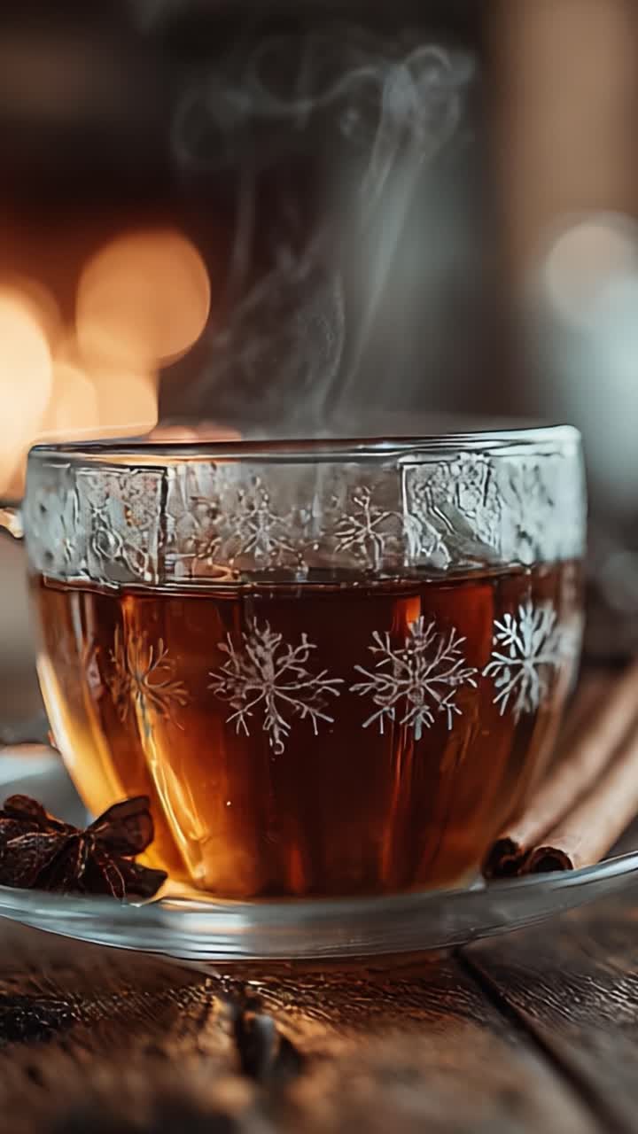 Una tazza fumante di tè caldo con decorazioni fantasiose a forma di fiocco di neve per riscaldare l'anima durante le fredde serate invernali, avvolti dagli aromi di cannella e anice stellato