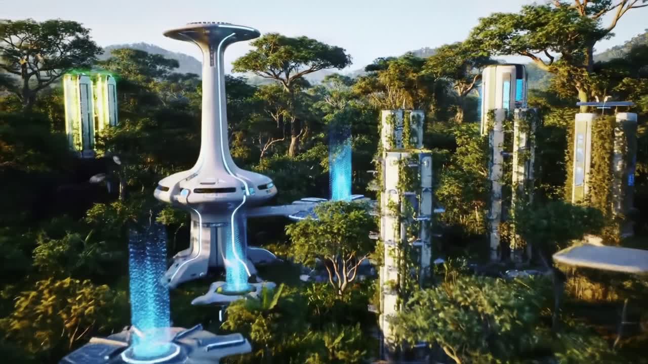A Futuristic Eco-City Embedded Within Lush Jungle: Innovative Architecture Blends Seamlessly with Nature in Stunning Visual Harmony