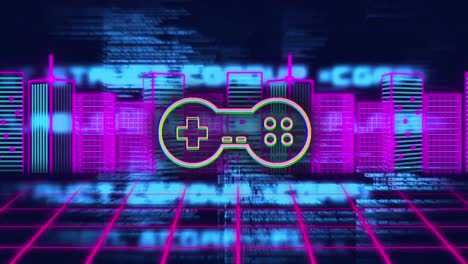 animación de consola de juegos y modelo 3d de edificios con lenguaje informático sobre fondo negro