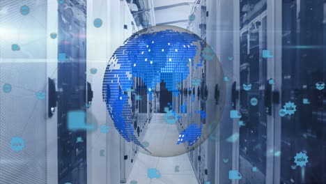 animación de la red de conexiones con iconos y globo girando sobre la sala de tecnología con servicio de computadora