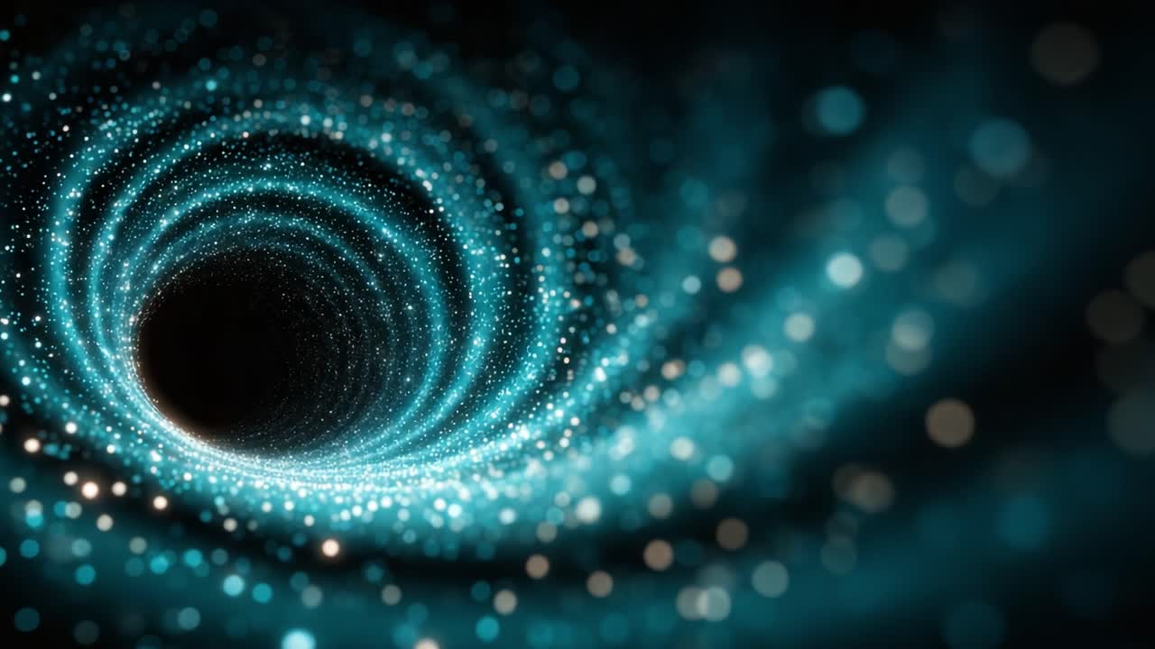 A mesmerizing glimpse into the captivating depths of a swirling cosmic vortex, showcasing the dazzling interplay of glowing particles and profound darkness
