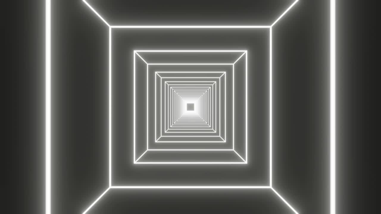 túnel futurista en cubos brillantes de neón blanco en un espacio oscuro. concepto creativo simple movimiento gráfico sin costuras en bucle fondo animado