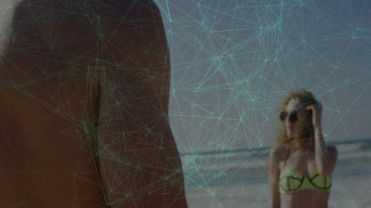 Network of connections and data processing animation over people at beach