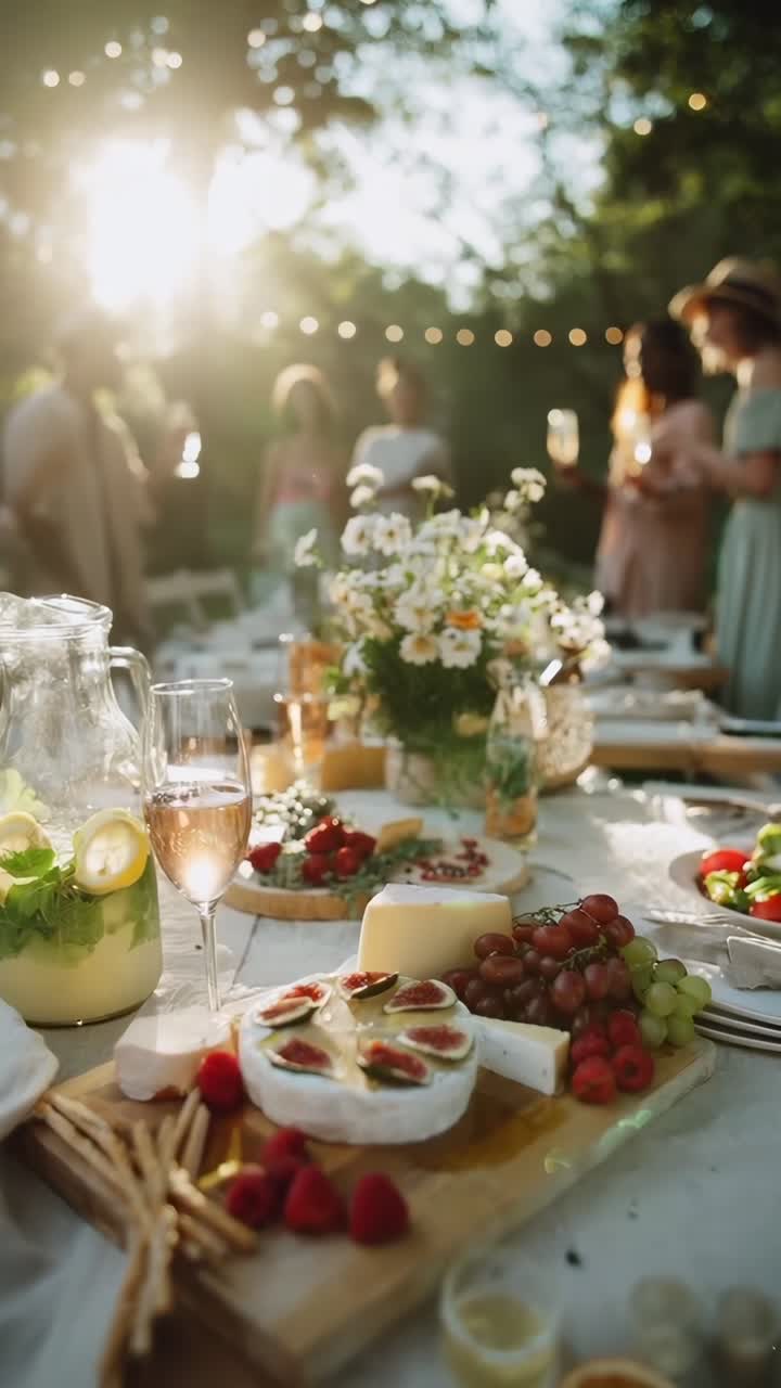 Video aéreo de una elegante reunión al aire libre con una mesa iluminada por el sol, presentando comida y bebidas.