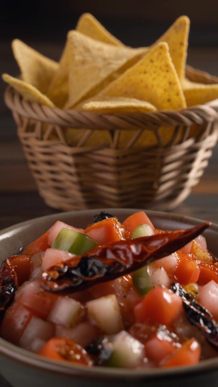 Salsa fresca e tortilla chips in un cestino di vimini
