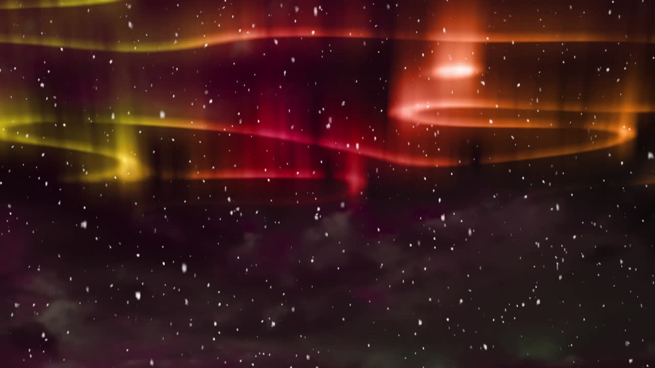 animación digital de nieve cayendo contra rastros de luz coloridos en el cielo nocturno