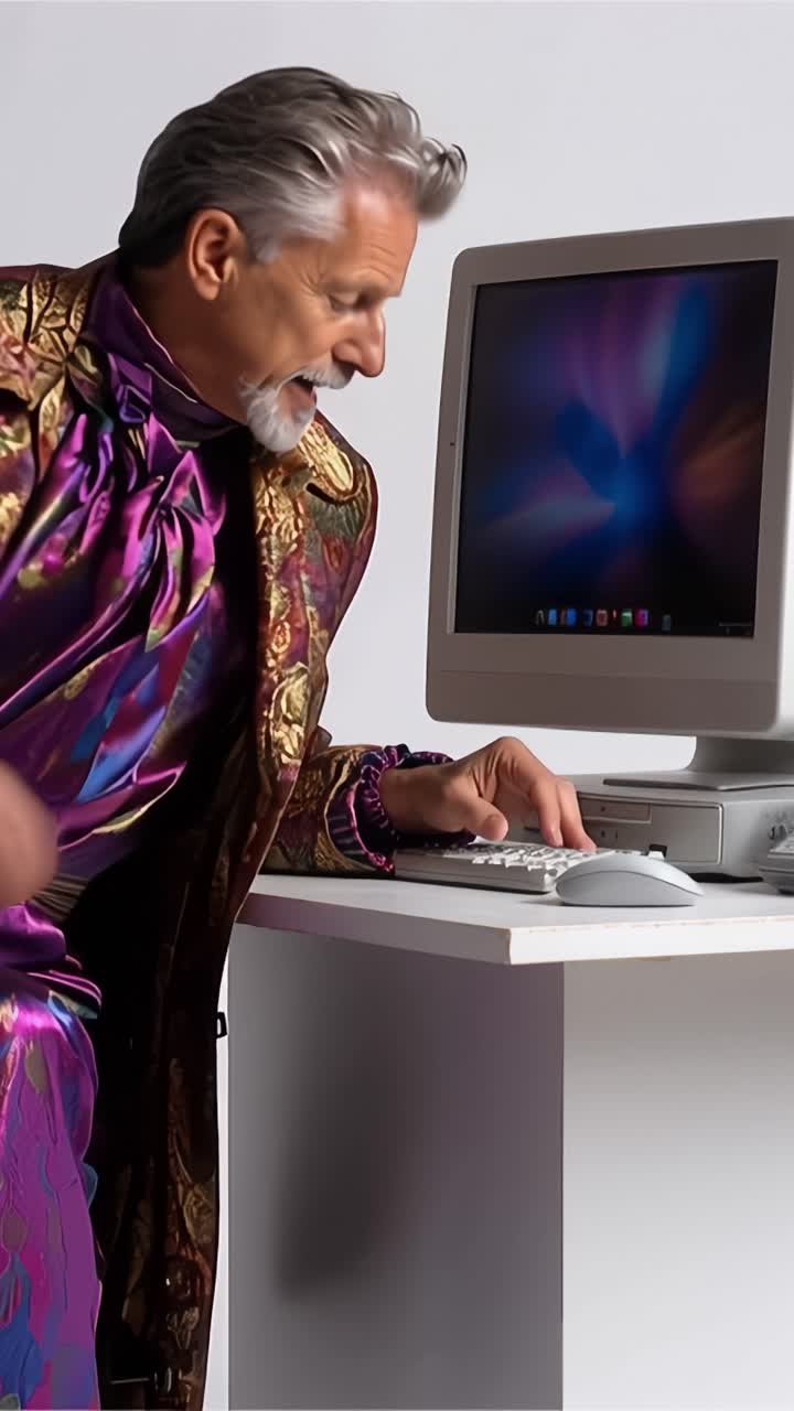 Un uomo anziano elegante e raffinato, con un abbigliamento vivace e motivi intricati, impegnato in attività digitali a una scrivania con computer, cattura l'attenzione con eleganza senza tempo.