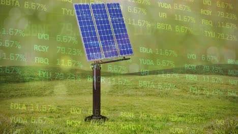 animation of financial data processing over solar panels in green field