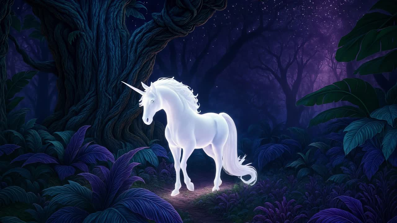 A mystical unicorn glows in a moonlit forest. Captured from a low angle, this video still