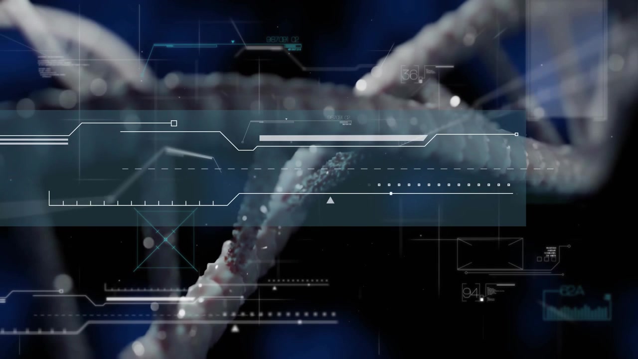 3D render showing DNA double helix twisting across digital HUD with floating data bars