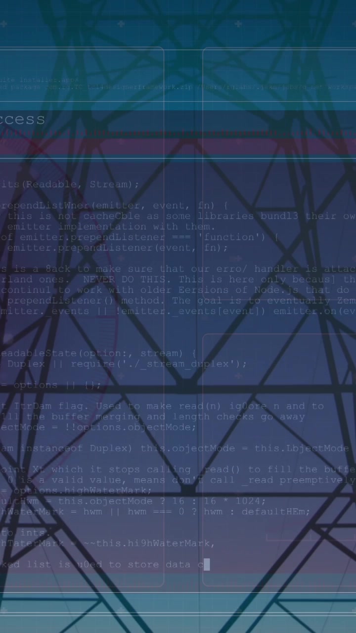 Animation of data processing on digital screens over electricity poles