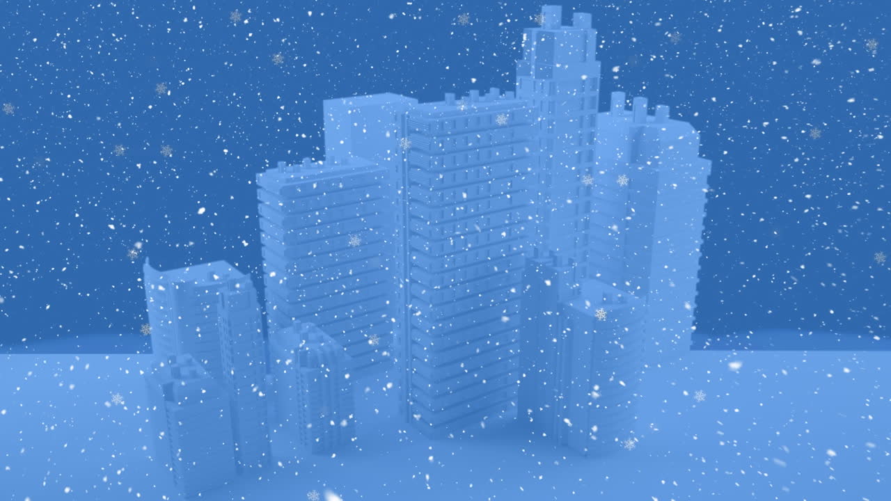 Animazione di neve che cade su grattacieli in un paesaggio invernale