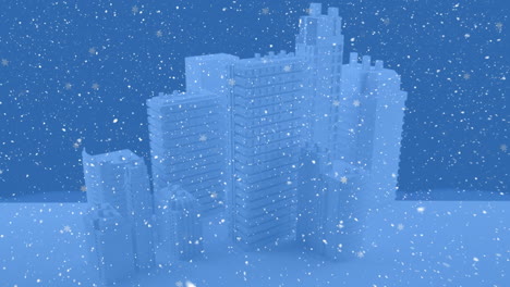 animation of snow falling over skyscrapers in winter landscape