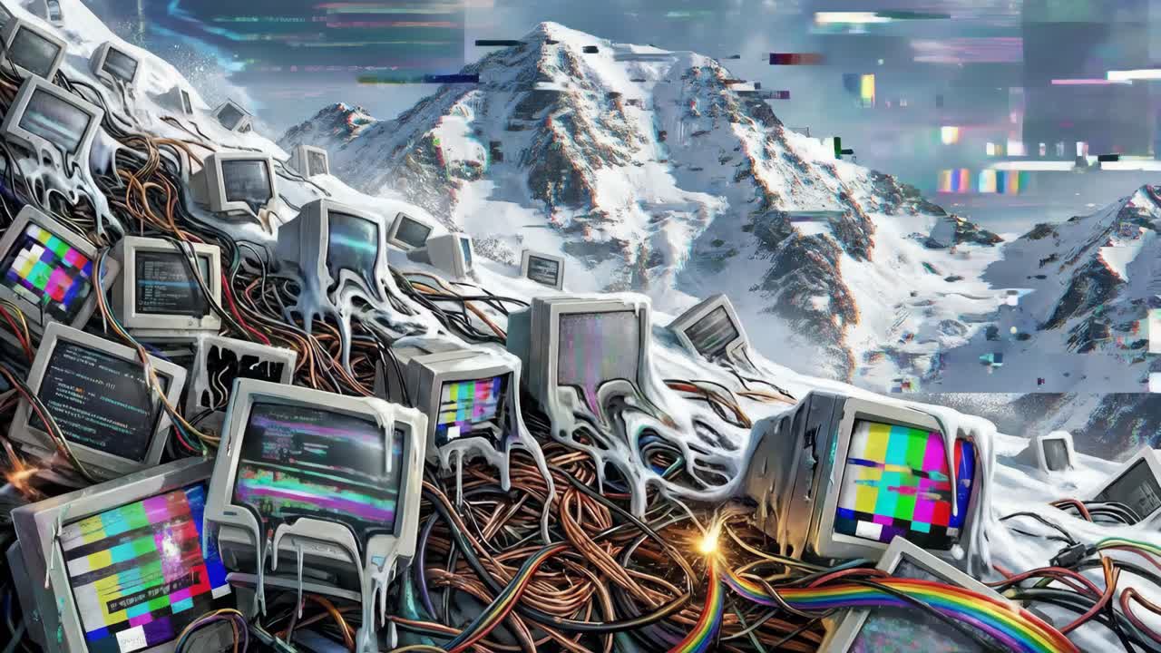 Avalanche of Obsolete Computers in a Snowy Mountain Landscape