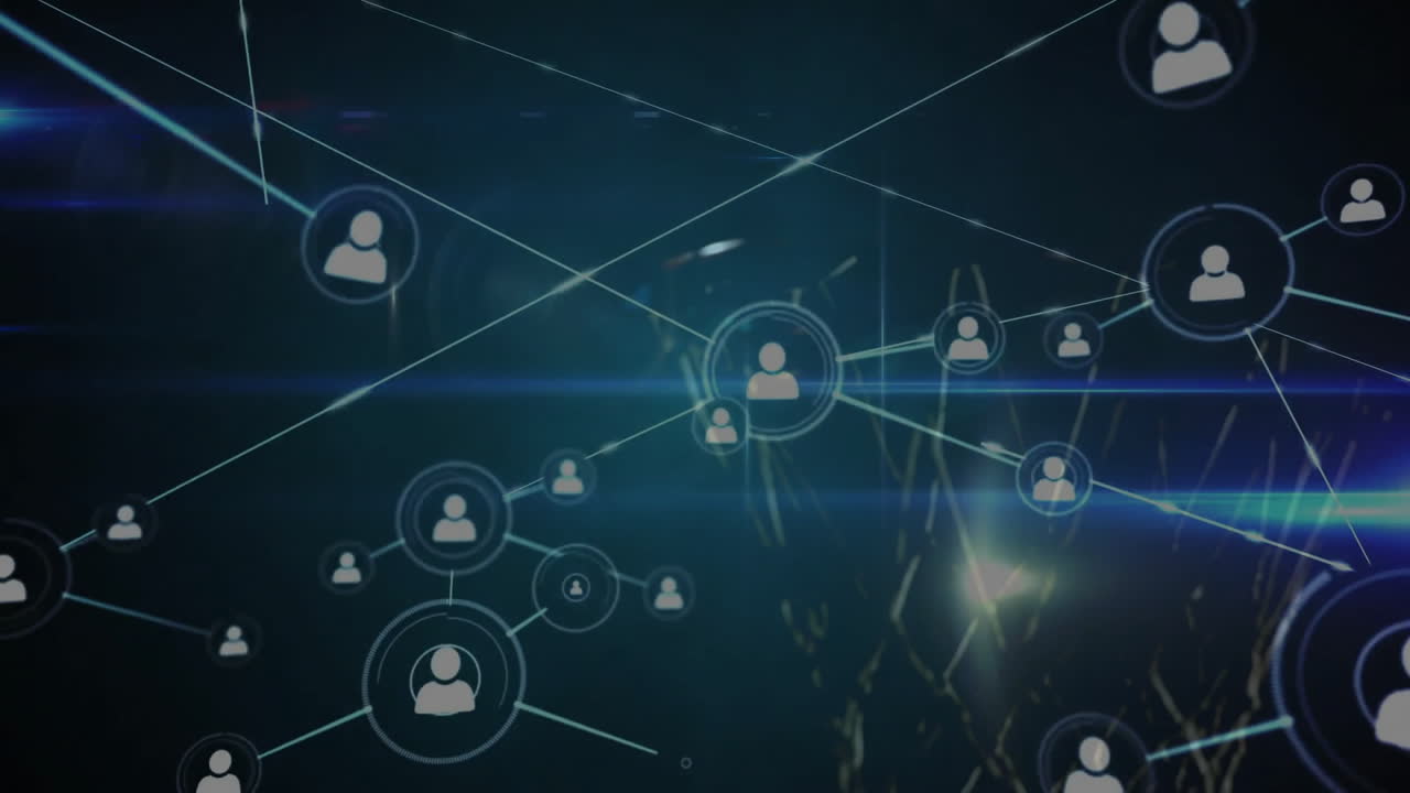 animación de la red de conexiones e íconos de usuario sobre un fondo oscuro con líneas azules