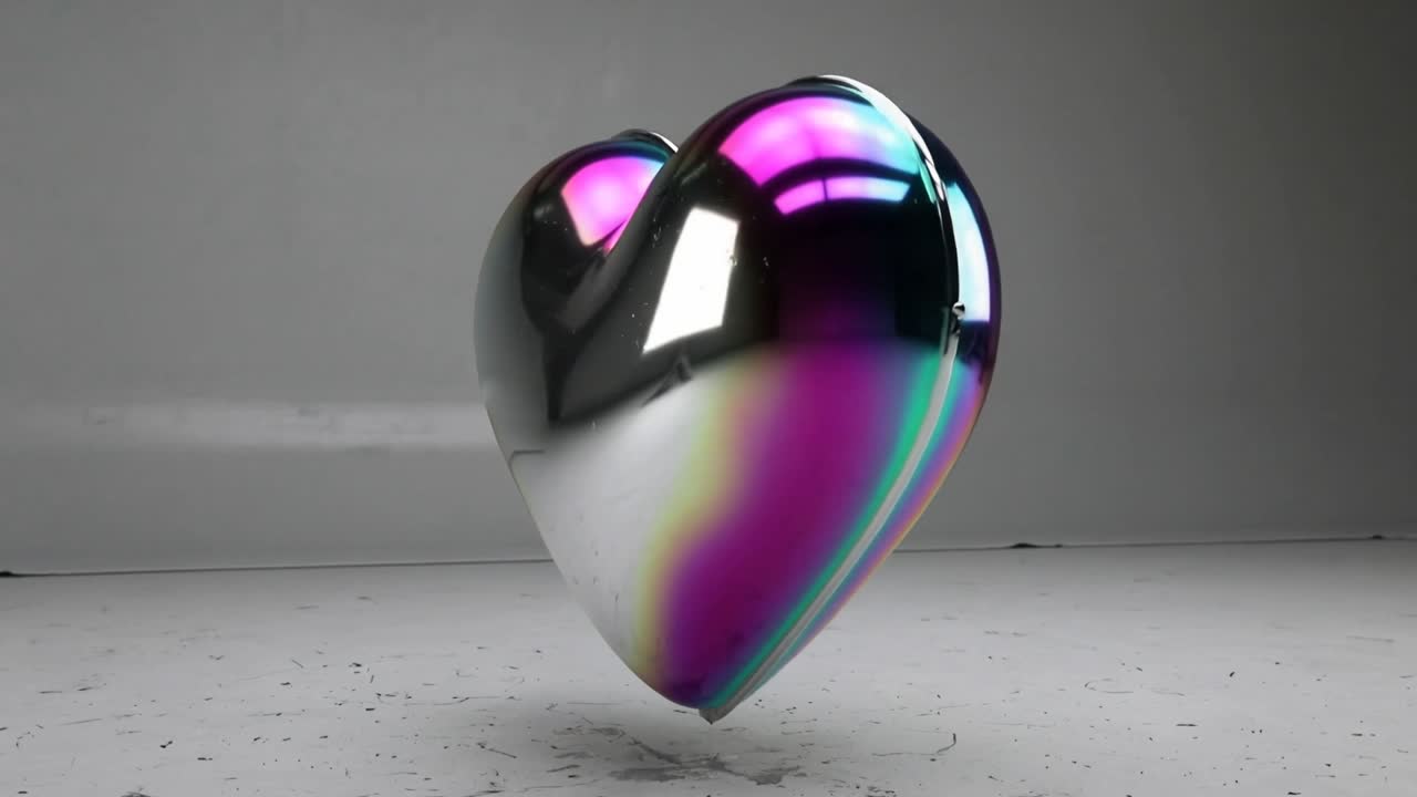 Riflesso mobile di softbox che fa oscillare e ruotare un cuore iridescente in uno studio grigio rivelando la cucitura