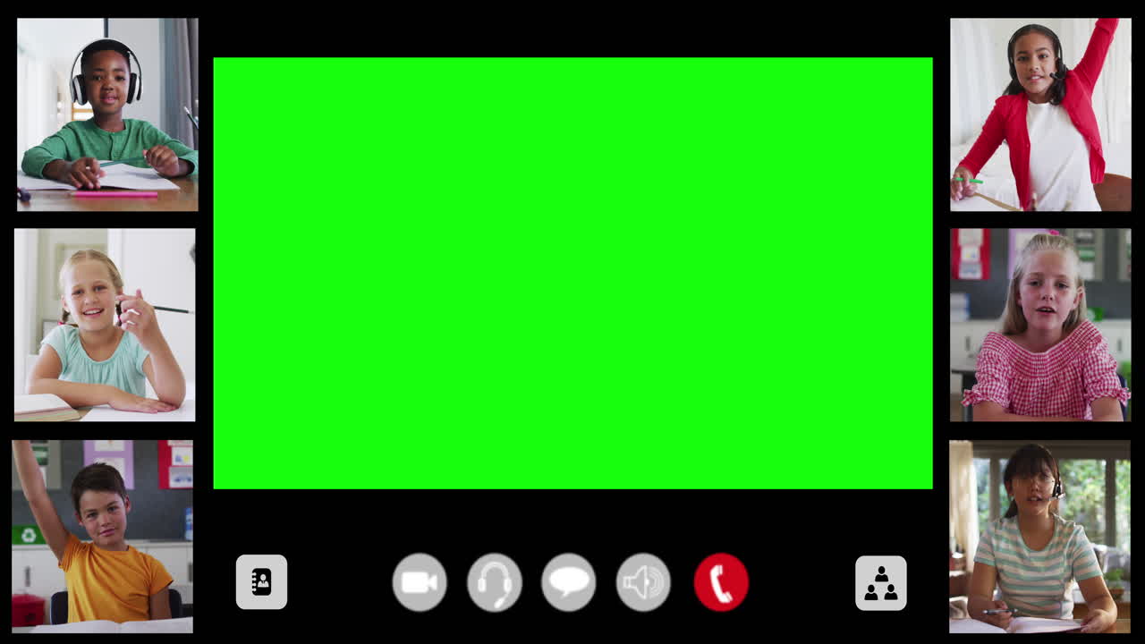 초록색 화면과 6 명의 다양한 어린이가 온라인 수업에 참여하는 인터페이스 화면의 애니메이션