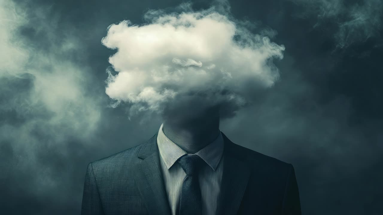 Surreal video concept with a frontal camera angle showing a person in a suit with a cloud obscuring