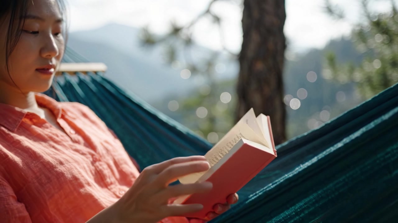 Relaxando em uma Rede: Uma Jovem Desfruta da Leitura de um Livro em um Ambiente Externo Sereno Cercada pela Natureza e Belas Paisagens Montanhosas