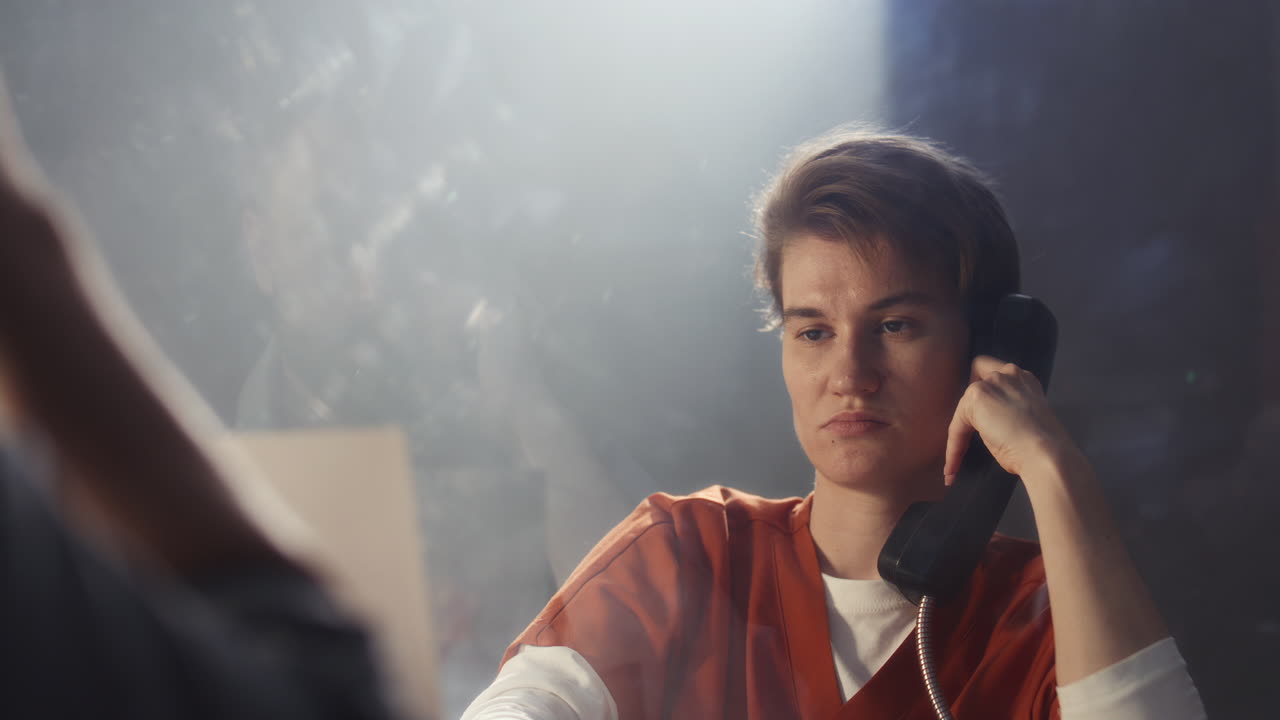 Female Inmate Speaking with Detective on Phone during Interrogation in Prison