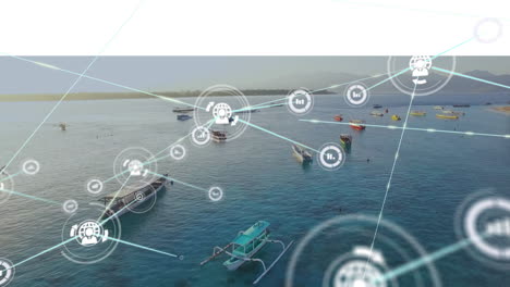 Digital network animation overlaying boats on water, creating futuristic scene